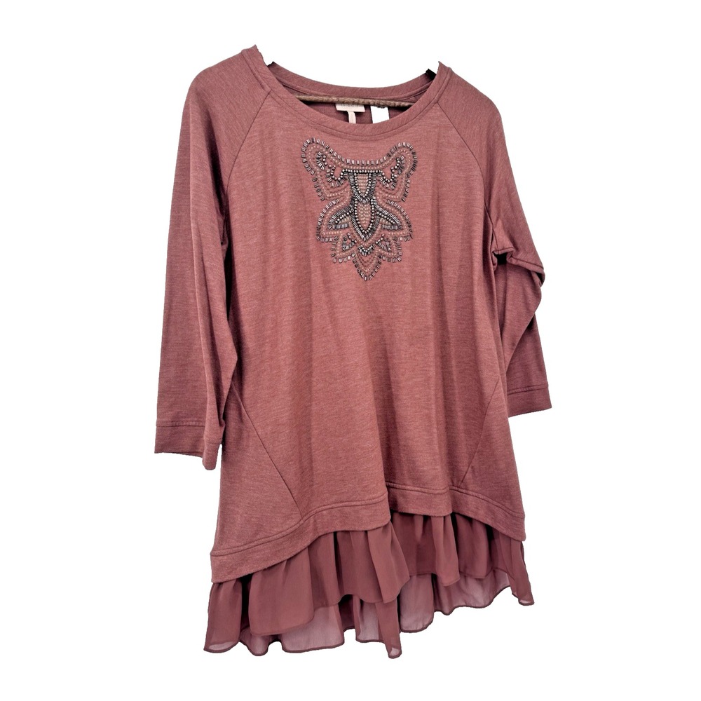 LOGO Lavish Lori Goldstein Tunic Top beaded Knit 3/4th Sleeve Ruffle Hem boho L